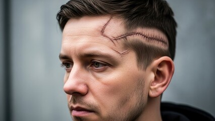 Obraz premium Adult male with visible surgical scars on his head, forehead, symbolizing recovery from a severe traumatic brain injury, a journey of healing, rehabilitation, medical resilience