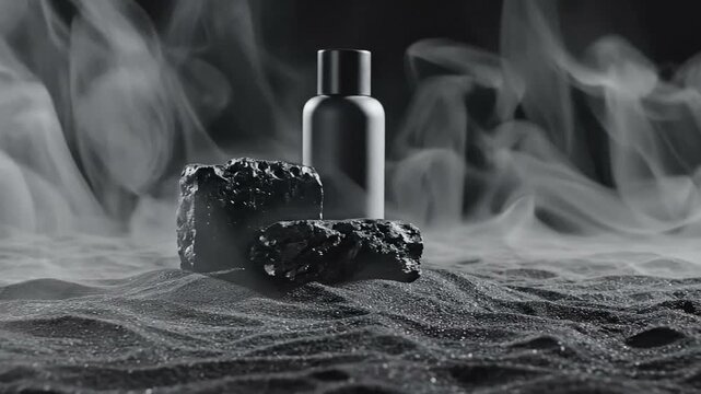 Luxury cosmetic bottle and activated charcoal on sandy surface with thick fog.