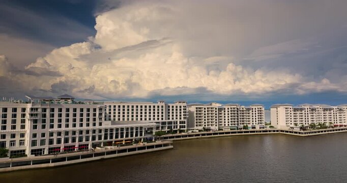 Waterfront resort complex on Charlotte Harbor shore. Hurricane storm forces interruption of planned vacations.