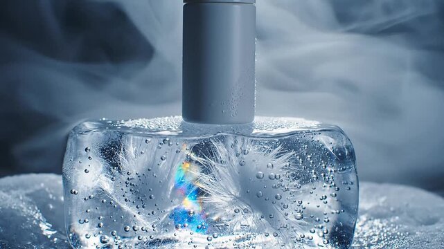 Cosmetic serum packaging frosted on ice, symbolizing freshness and chilling rejuvenation.
