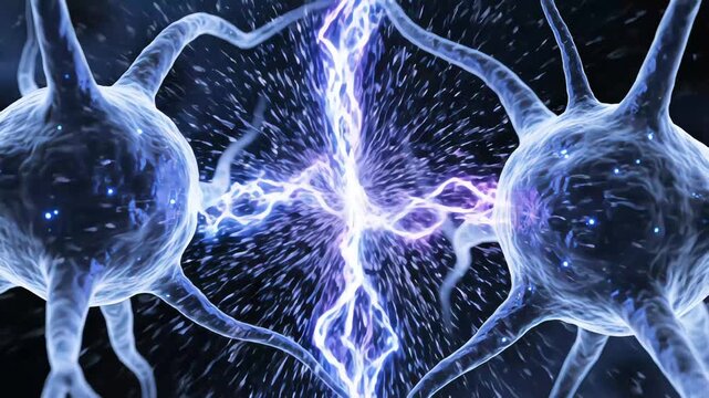 Microscopic view of two blue neurons exchanging electrical impulses through a glowing synaptic spark for neuroscience concepts