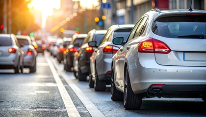 Fototapeta premium Traffic congestion with multiple cars lined up on city street during daytime