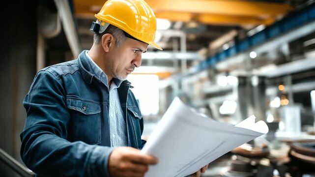 Faceless focused worker inspecting blueprints in industrial setting, technical documentation review, manufacturing planning scene, with copy space