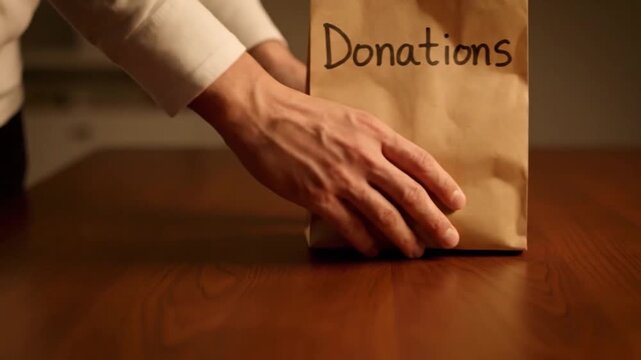 Hand pushing donation bag from right side across wooden table