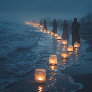 Leuchtende Laternen entlang des Strandes bei Nebel und ruhiger Abendstimmung
