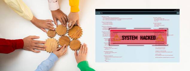 Diverse hands collaborate on gears while a digital alert displays a system hack warning. This image symbolizes the importance of teamwork in tackling cybersecurity threats. Trope © InfiniteFlow