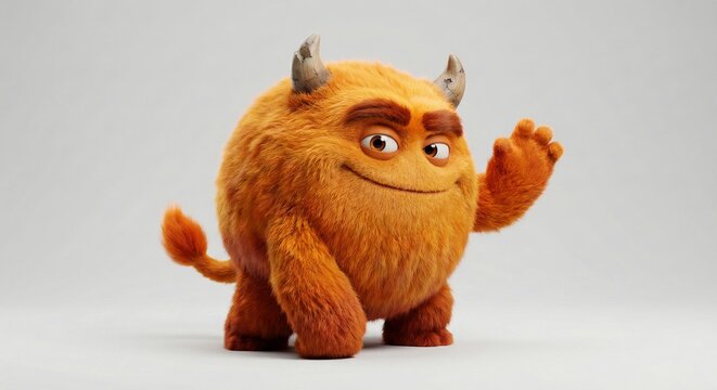 Orange furry monster : A cute walking orange 3D cartoon monster character with horns and a happy expression.