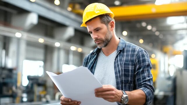 Faceless focused worker inspecting blueprints in industrial setting, technical documentation review, manufacturing planning scene, with copy space