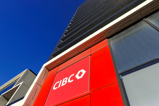 TORONTO - OCT 12: Sign of CIBC (Canadian Imperial Bank of Commerce) at branch office in Toronto on Oct 12 2025. CIBC is a Canadian multinational financial services company.