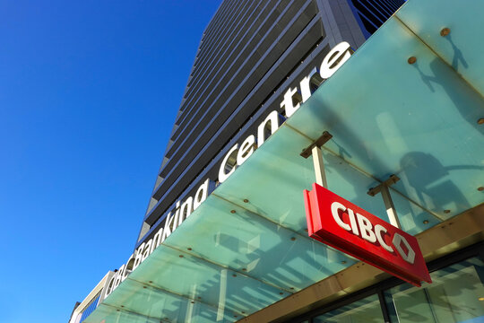 TORONTO - OCT 12: Sign of CIBC (Canadian Imperial Bank of Commerce) at branch office in Toronto on Oct 12 2025. CIBC is a Canadian multinational financial services company. 