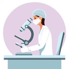Fototapeta premium Female scientist, doctor, analyzing a sample under a microscope in a laboratory