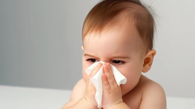Child's Cold: A tender infant, afflicted by a cold, delicately tends to its runny nose with a gentle tissue, epitomizing vulnerability and the universal experiences of infancy.