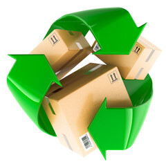 Cardboard packaging boxes with recycling symbol. 3D rendering