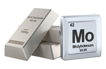 Molybdenum ingots and periodic table element Mo. 3D rendering