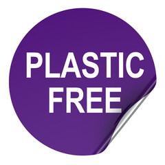 Plastic Free purple round sticker label with peeling corner. 3D rendering
