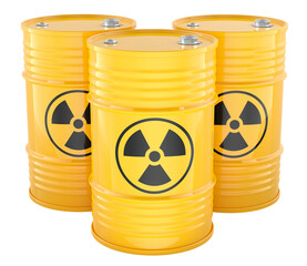Radioactive waste barrels with radiation warning symbol. 3D rendering