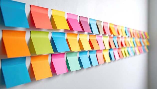 Colorful sticky notes in an organized arrangement on a wall, symbolizing a range of ideas, tasks, and reminders