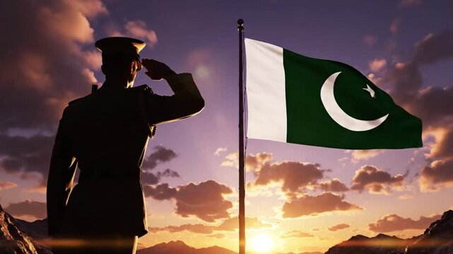Silhouette of a proud military officer rendering a respectful salute toward the fluttering national flag of pakistan against a dramatic sunset sky backdrop