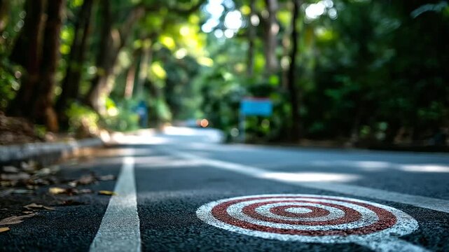 Road with marker in middle illustrating goal orientation and clear aiming direction in strategic planning, target pathway, with copy space