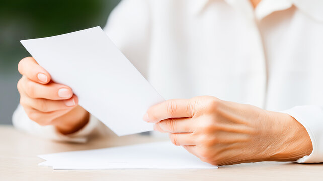 Close up of senior woman hands holding a white paper. Mature female reading a letter, bill, or document