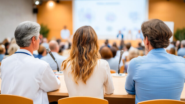 Rear view of a panel with a doctor at a medical conference. Professionals listening to a presentation at a seminar