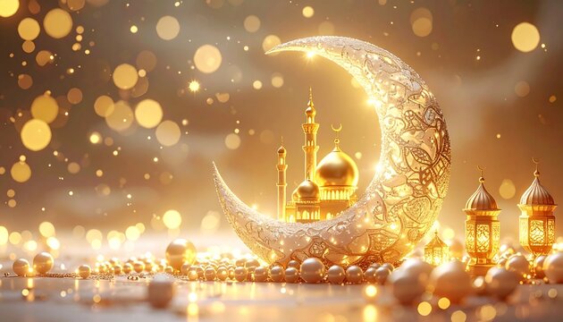 Spiritual Ramadan Night &ndash; Golden Mosque and Moon Illustration