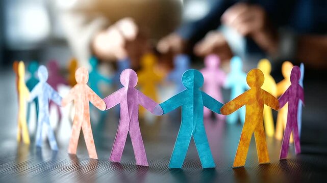 Vibrant group of paper people symbolizing mutual support and income insurance concept in thoughtful design, community protection, with copy space