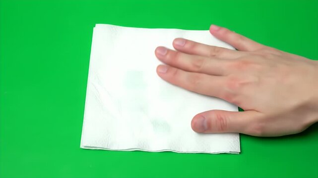 Close Up Hand Presses Square White Napkin on Green Screen Background For Cleaning Wiping Surface