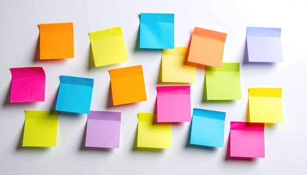 Colorful sticky notes arranged on a surface, each with a vibrant hue and offering a spot for ideas and messages