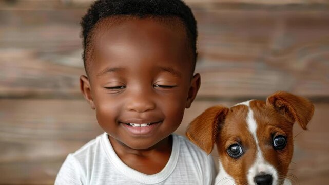 Boy and Puppy: A heartwarming portrait of a young boy with his playful puppy, radiating pure joy and companionship. A snapshot of innocence and an unbreakable bond, filled with warmth and simplicity.
