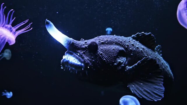 Deep sea anglerfish with glowing lure hunts in the dark ocean abyss next to jellyfish