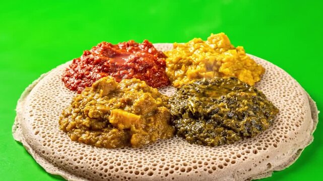 Colorful Ethiopian food platter served on Injera, a traditional sourdough flatbread, against a vibrant green background