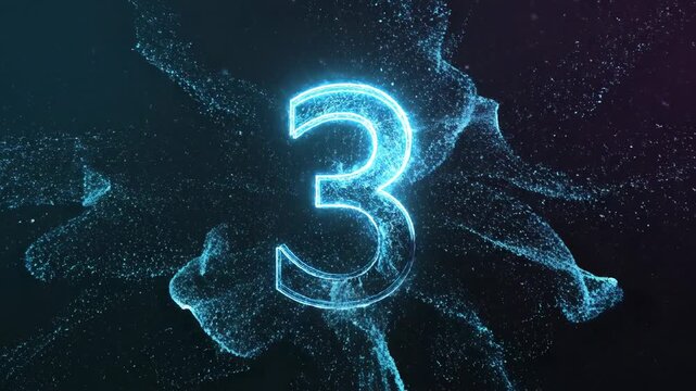 Glowing blue number three emerges from swirling particles on a dark background