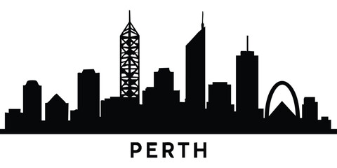 Obraz premium Perth Skyline Silhouette – Modern Black and White Cityscape Illustration. Suitable for travel branding, posters, souvenirs, educational materials, digital graphics and travel projects. 