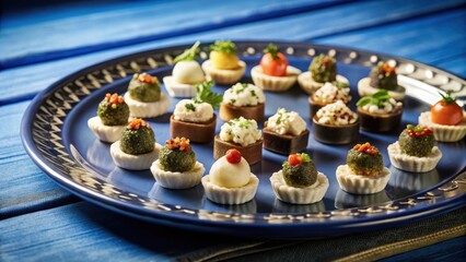 Fototapeta premium Miniature savory delights line up on a charming platter with an assortment of sweet and tangy fillings