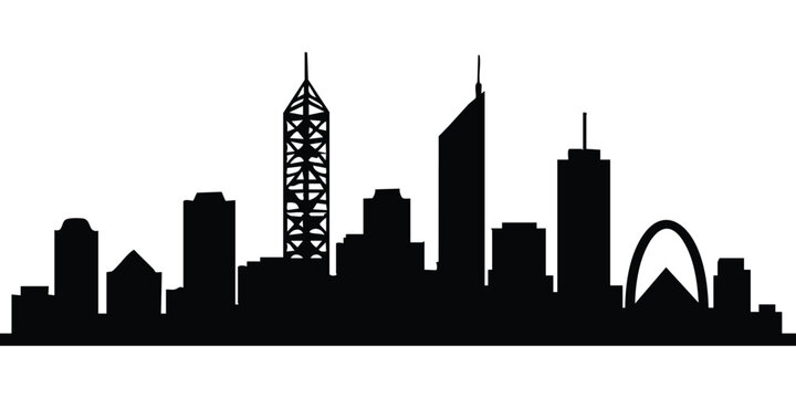 Perth Skyline Silhouette &ndash; Minimal Black and White Cityscape Illustration. The high‑contrast design makes it suitable for travel‑themed graphics, posters, branding materials and educational visuals.