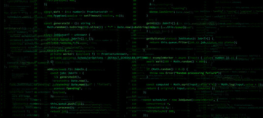 Green programming code on a monitor screen. Digital software development for application coding.