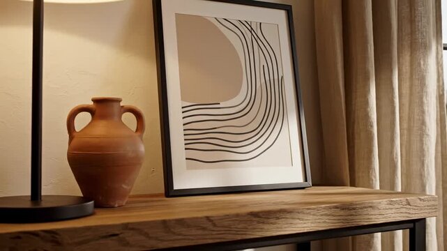 Minimalist abstract art and terracotta amphora on a wooden console table