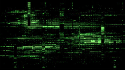 Obraz premium Glitch background vector with green digital pixel noise pattern. Abstract screen disturbance, data error visualization art for technology design.