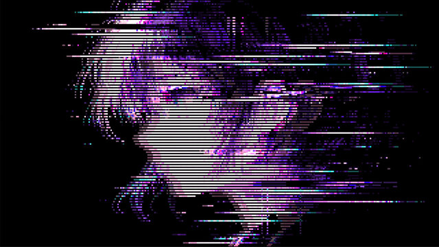 Digital art portrait of a woman with glitch effect. Abstract pixelated face with distorted lines. Modern technology concept for design element.