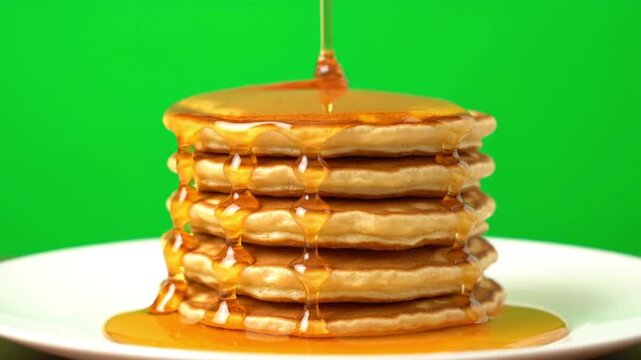 Golden syrup cascading over a tall stack of fluffy, warm pancakes, creating a delicious and inviting breakfast scene on a vibrant green background, ready to be enjoyed as a sweet treat