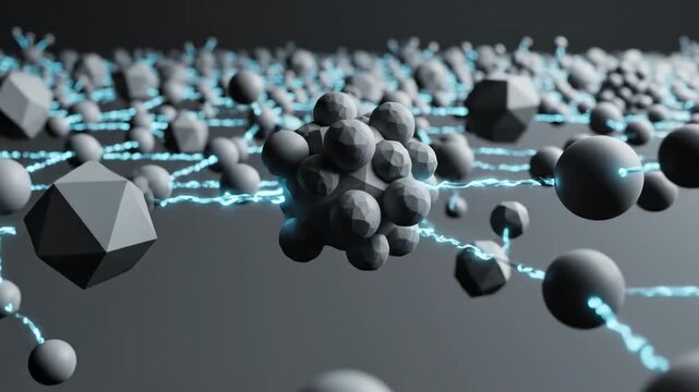 Abstract network of interconnected spheres and polyhedrons with glowing blue connections