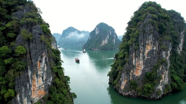 Aerial Flight Through Limestone Karst Islands Halong Bay Vietnam Emerald Water