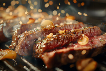 Juicy sliced grilled beef steak garnished with crispy garlic and herbs on a dark sizzling platter