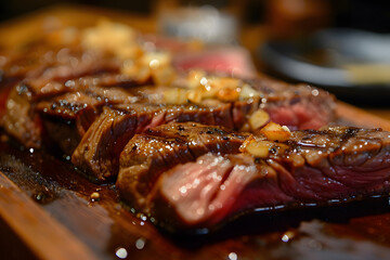 Juicy sliced grilled beef steak garnished with crispy garlic and herbs on a dark sizzling platter