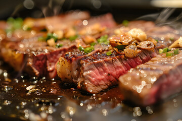 Juicy sliced grilled beef steak garnished with crispy garlic and herbs on a dark sizzling platter