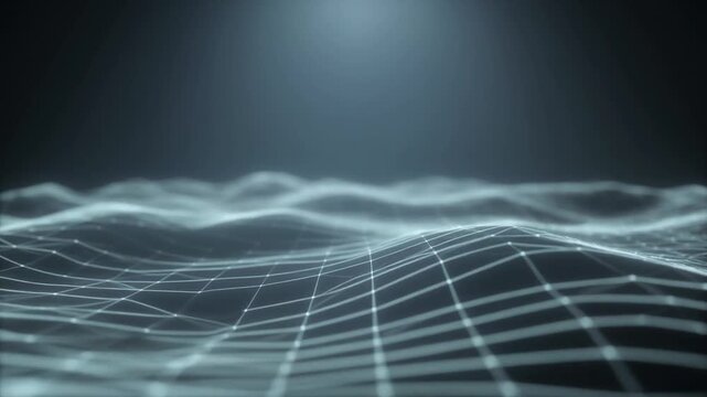 Dynamic aerial view of undulating waves over electric-blue grid pattern glowing with soft white light, emphasizing depth in digital blue environment