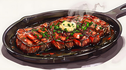 Gourmet grilled beef steak with melting butter and fresh herbs in a hot cast iron skillet