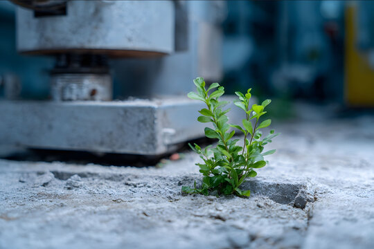 Primary subject small green plant growing from a crack in a concrete factory floor secondary element industrial robot base nearby medium closeup shot low angle robo