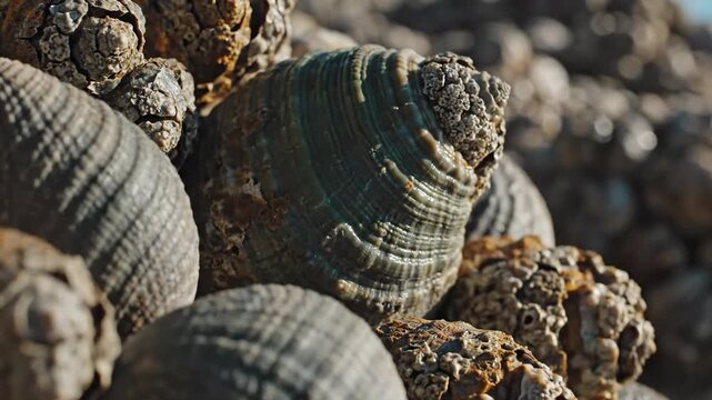 Close-up view of a textured collection of seashells and barnacles on a beach